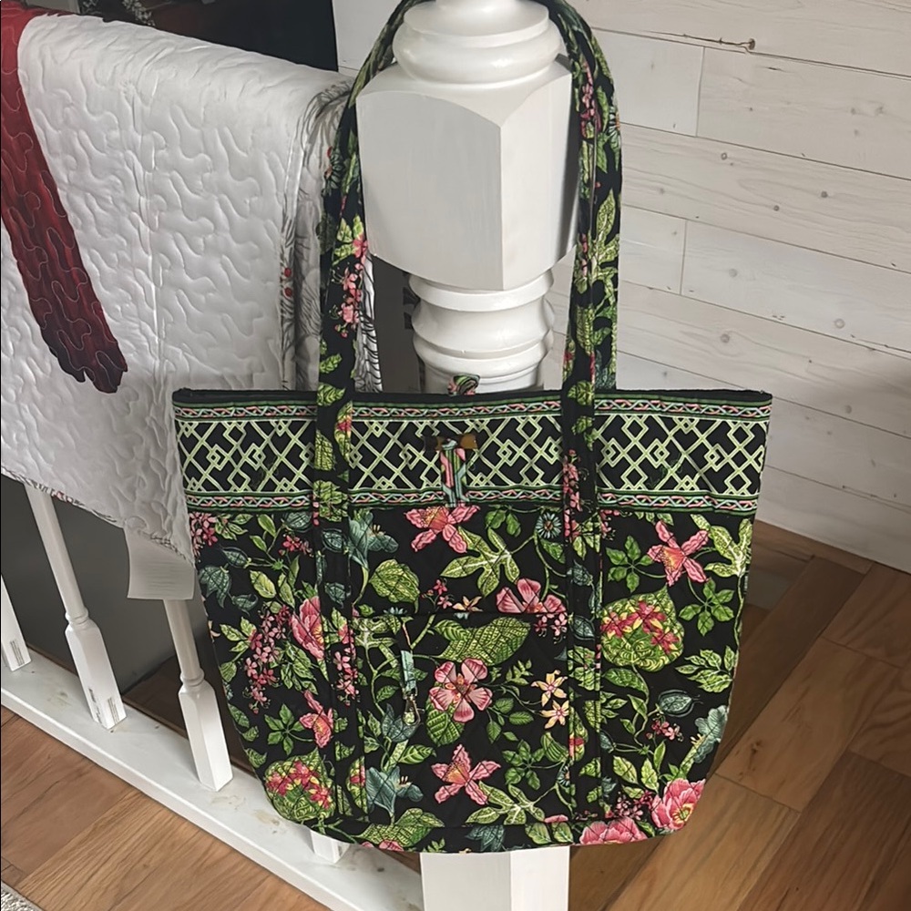 Vera Bradley black and Green Floral Tote Bag with Botanical Motifs